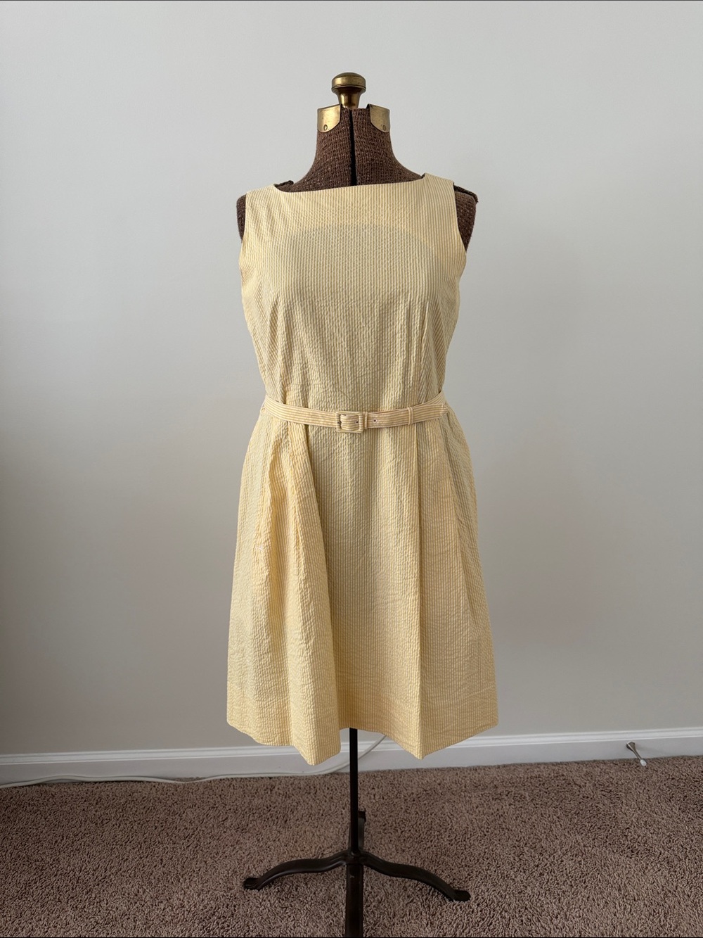 L.L. Bean Butter Yellow and White Striped Sleeveless Belted A-Line Dress